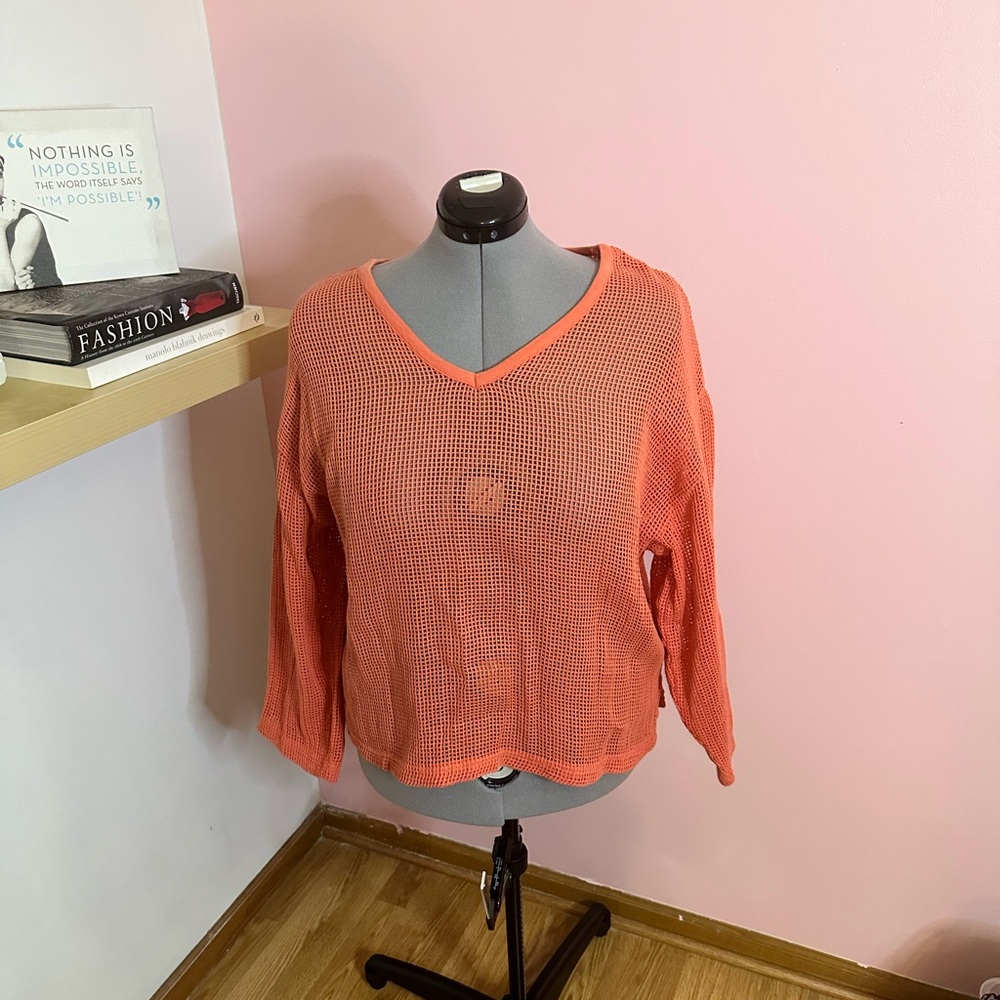 Chico's Orange Open Waffle Knit 100% Cotton Top Size 3